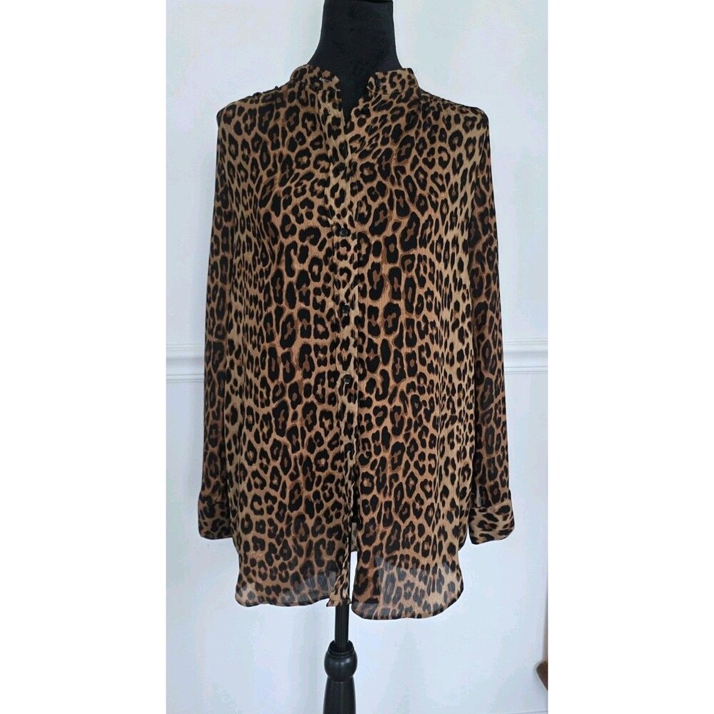 Leopard Print H&M Button Up Blouse Women's Size Small (2) Animal Print Collared
